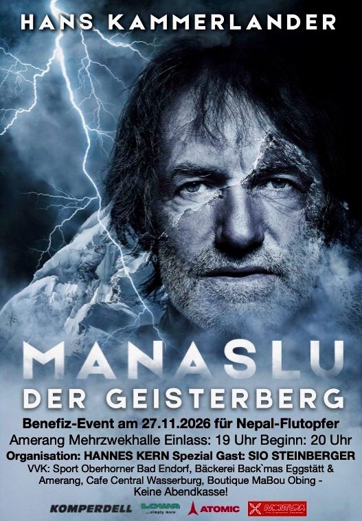 Manaslu – Der Geisterberg, Benefiz-Event 27.11.2026 in Amerang Plakat: Hans Kammerlander, Manaslu – Der Geisterberg, Benefiz-Event am 27. November 2026 in Amerang